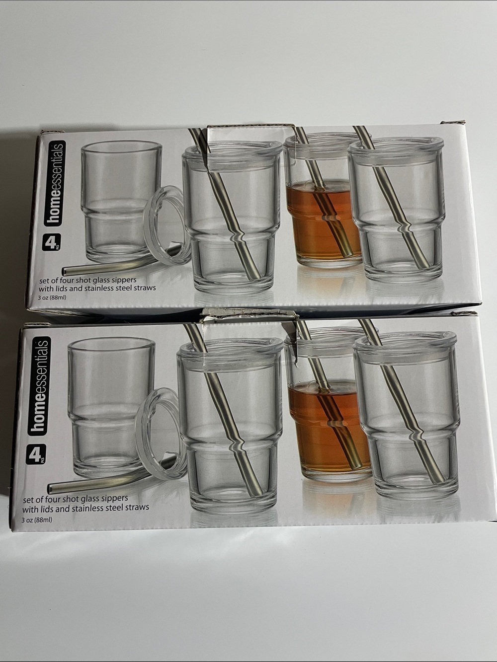 NEW Home Essentials Clear Glass Shot Sippers Set of 4/ Lids and Stainless Straws